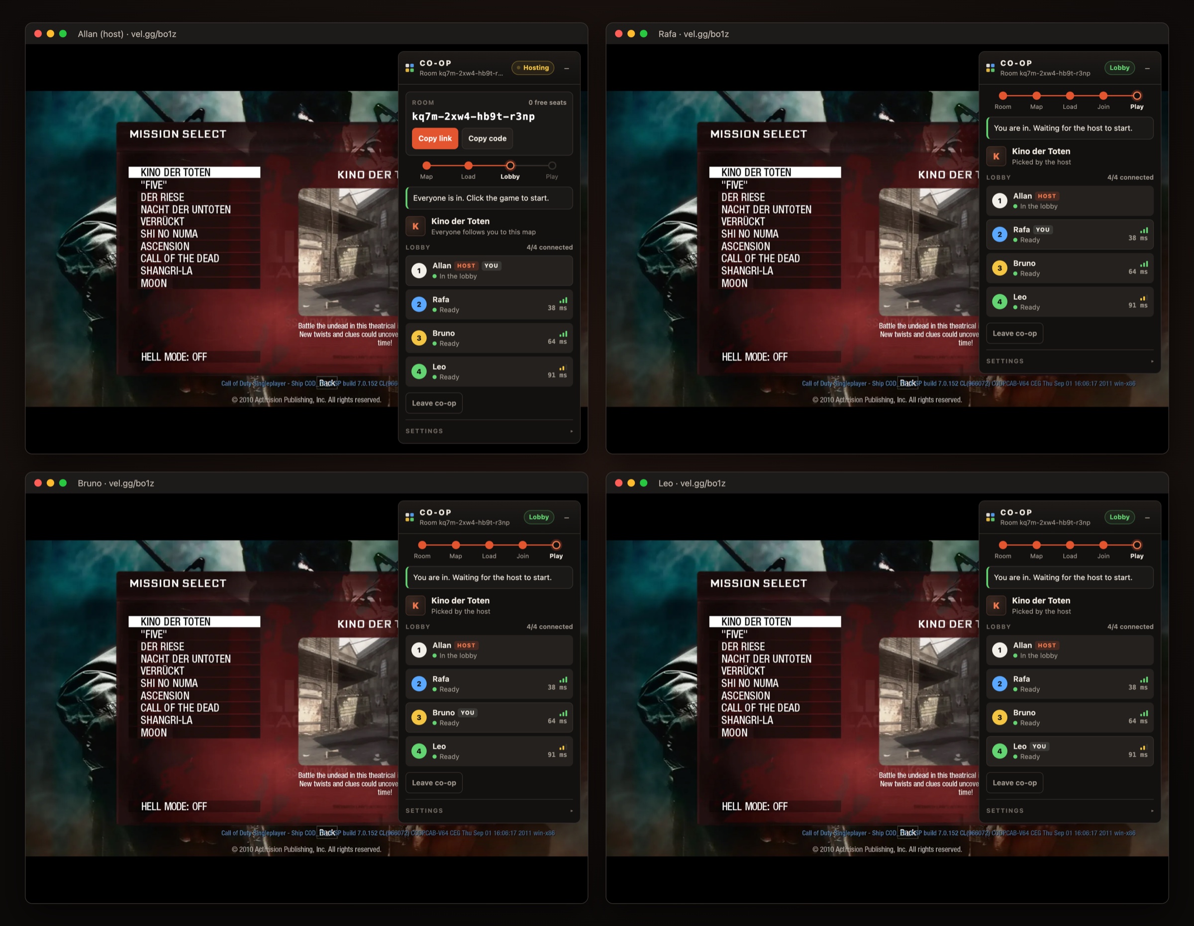 Four players in the same lobby, one browser each
