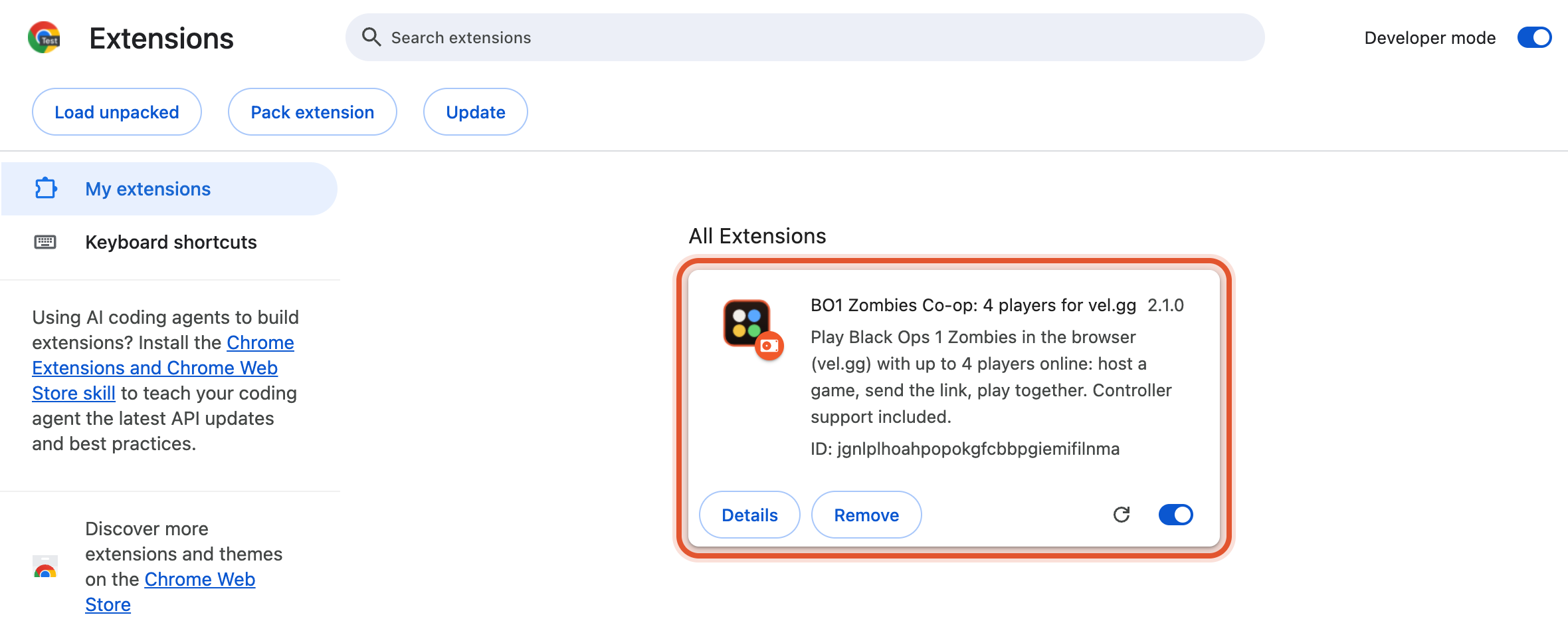 The installed extension in the list