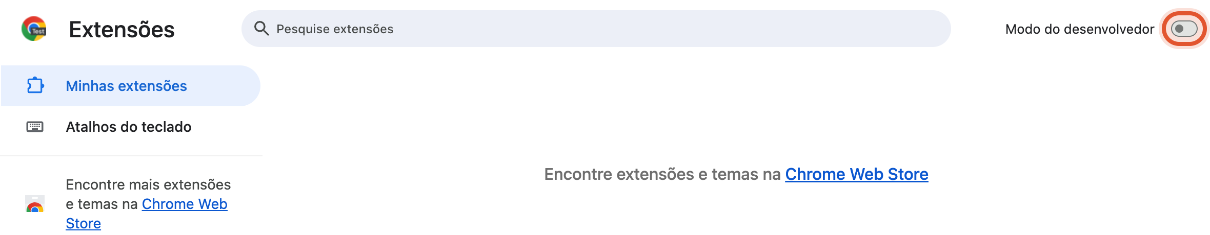 A chave Modo do desenvolvedor, no canto superior direito de chrome://extensions