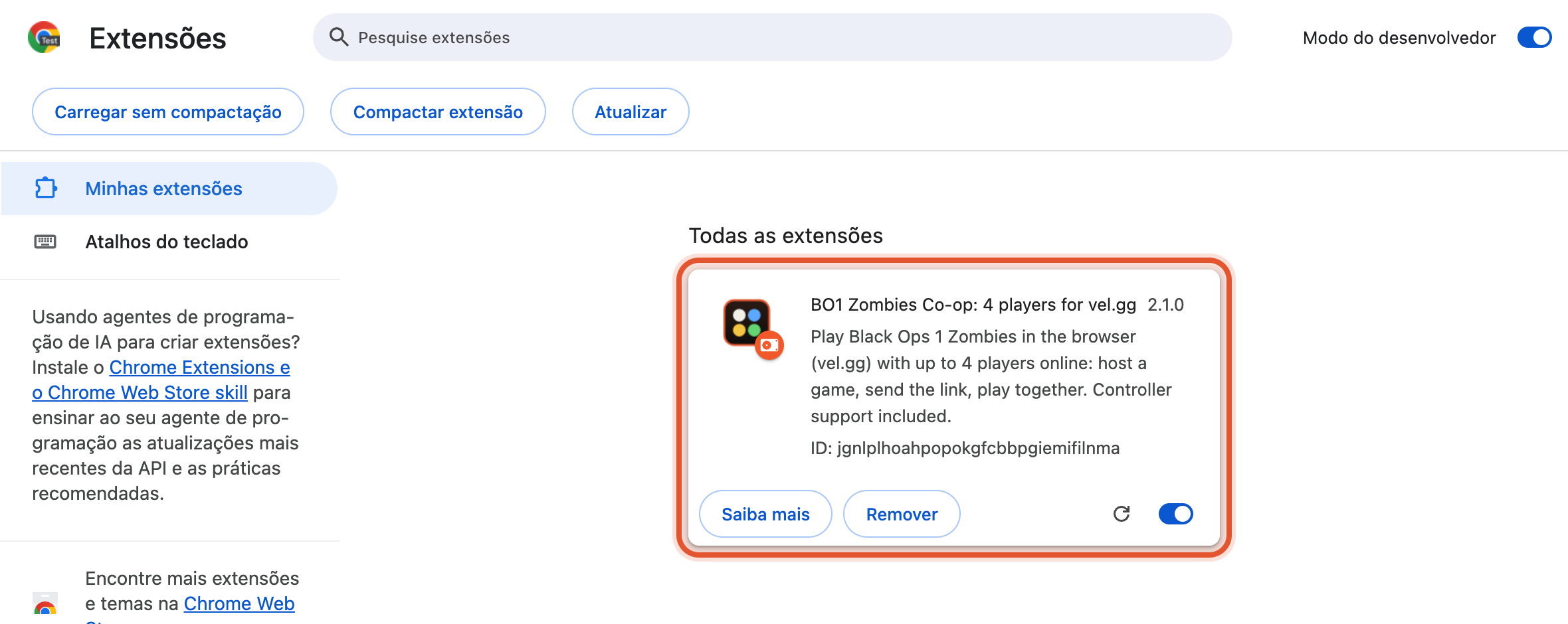A extensão instalada na lista